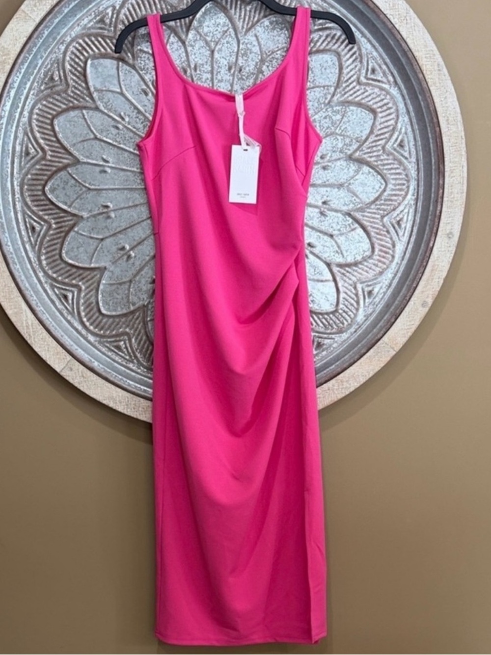 NWT Grace Karin Bright Pink Sleeveless Draped Ruched Side Pencil Midi Dress